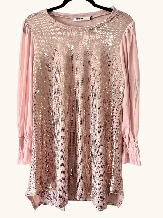 Origami Dresses & Skirts - Origami Sequin Blush Pink Mini Dress with Sheer Sleeves
